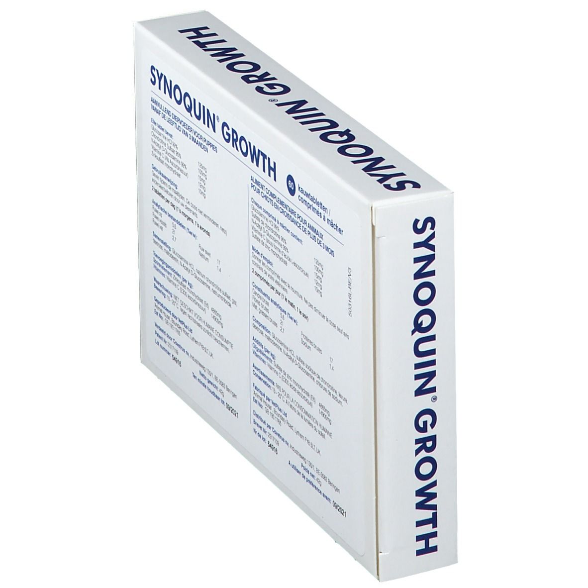 Vista laterale della confezione "SYNOQUIN GROWTH". Testo: "SYNOQUIN GROWTH" sul lato.