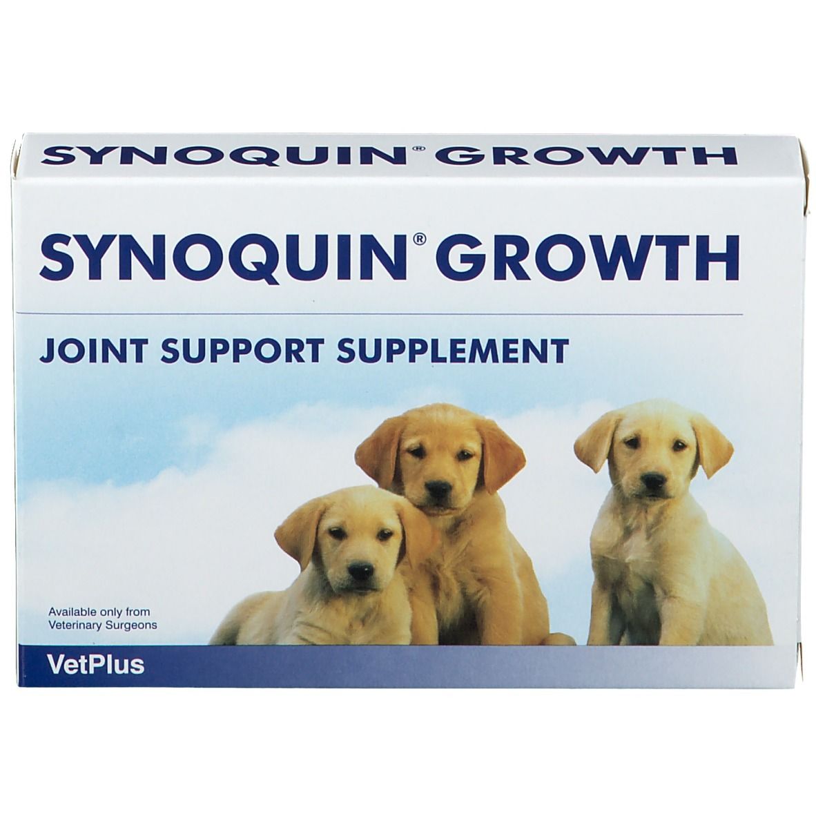 Scatola bianca "SYNOQUIN GROWTH" con tre cuccioli. Testo: "JOINT SUPPORT SUPPLEMENT" e "VetPlus".