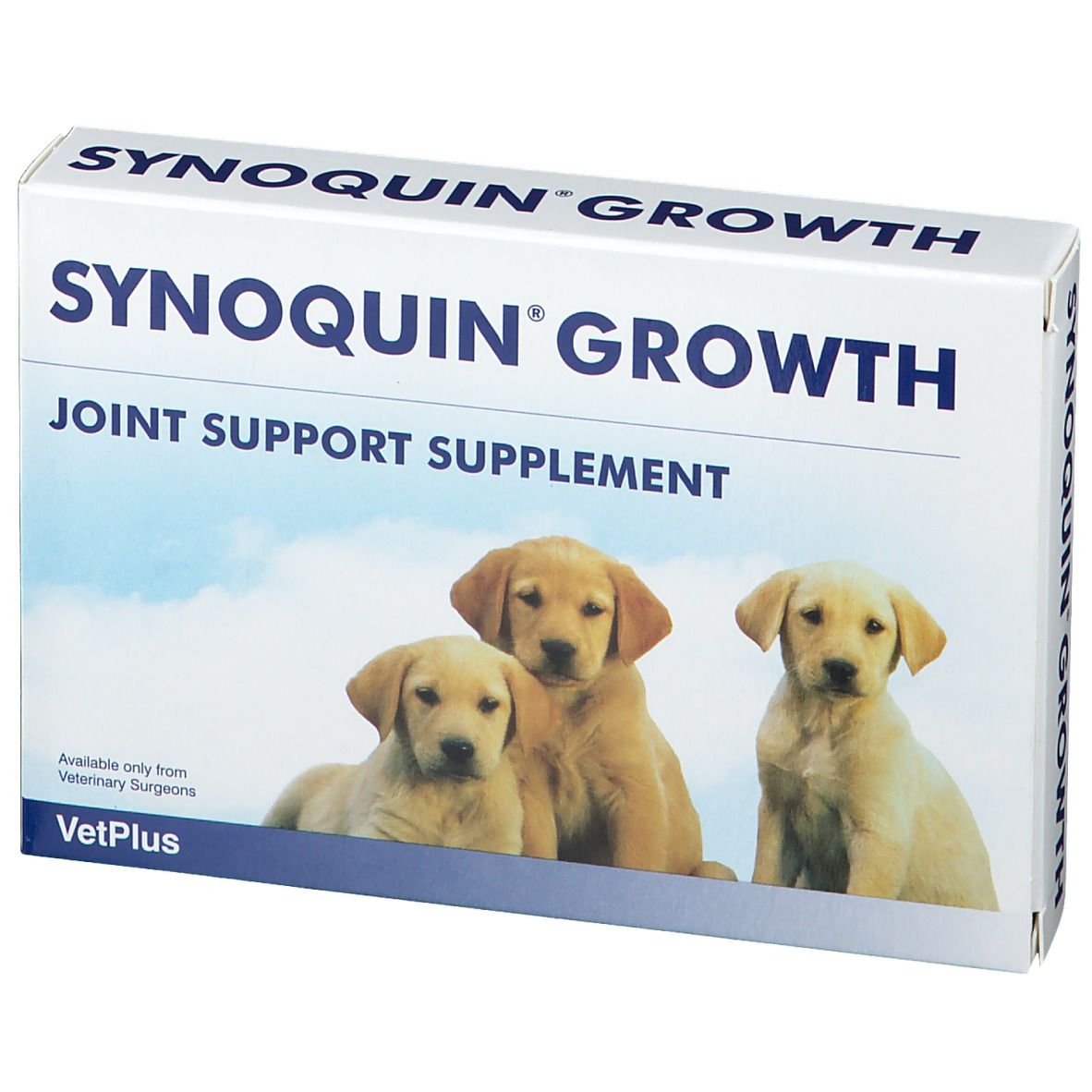 Scatola bianca "SYNOQUIN GROWTH" con tre cuccioli. Testo: "JOINT SUPPORT SUPPLEMENT" e "VetPlus".