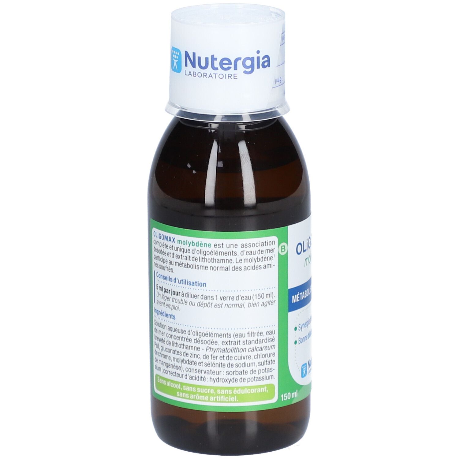 Flacone di vetro marrone con tappo bianco. Scritta: OLIGOMAX molybdène, METABOLISME, Nutergia. Testo sugli ingredienti e l'uso.