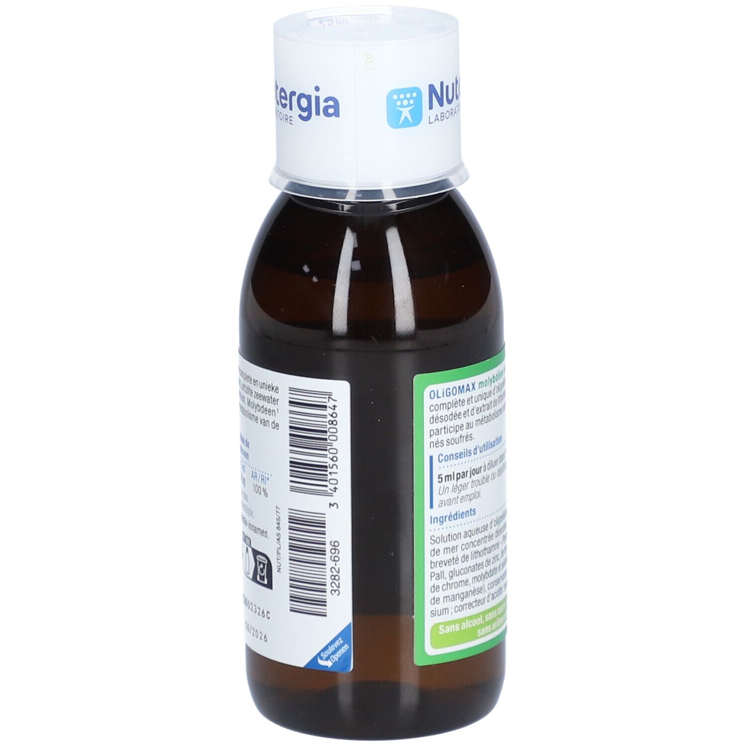 Flacone di vetro marrone con tappo bianco. Scritta: OLIGOMAX molybdène, METABOLISME, Nutergia. Codice a barre e altre informazioni.