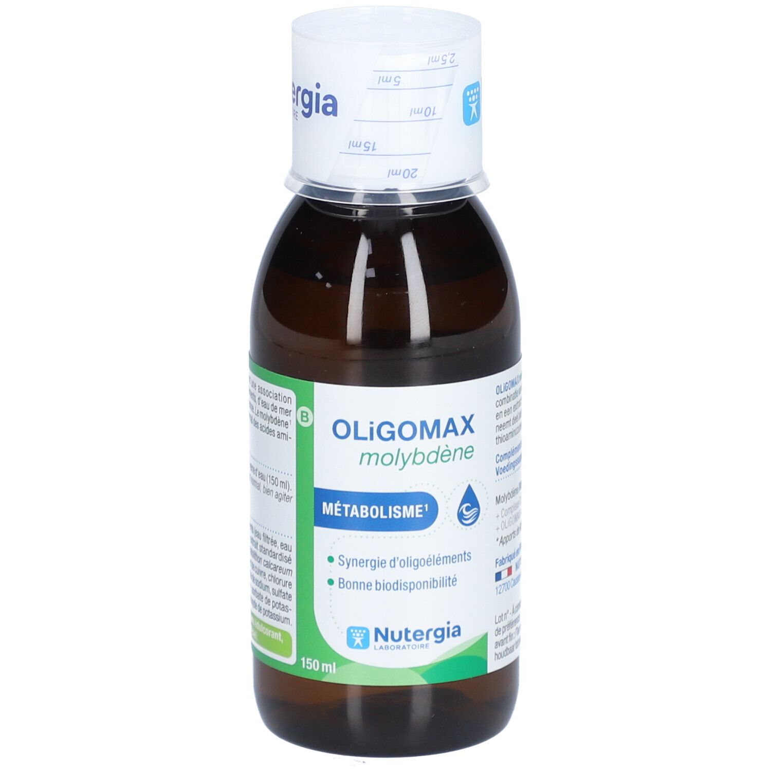 Flacone di vetro marrone con tappo bianco. Scritta: OLIGOMAX molybdène, METABOLISME, Nutergia. Scala di misurazione sul tappo.