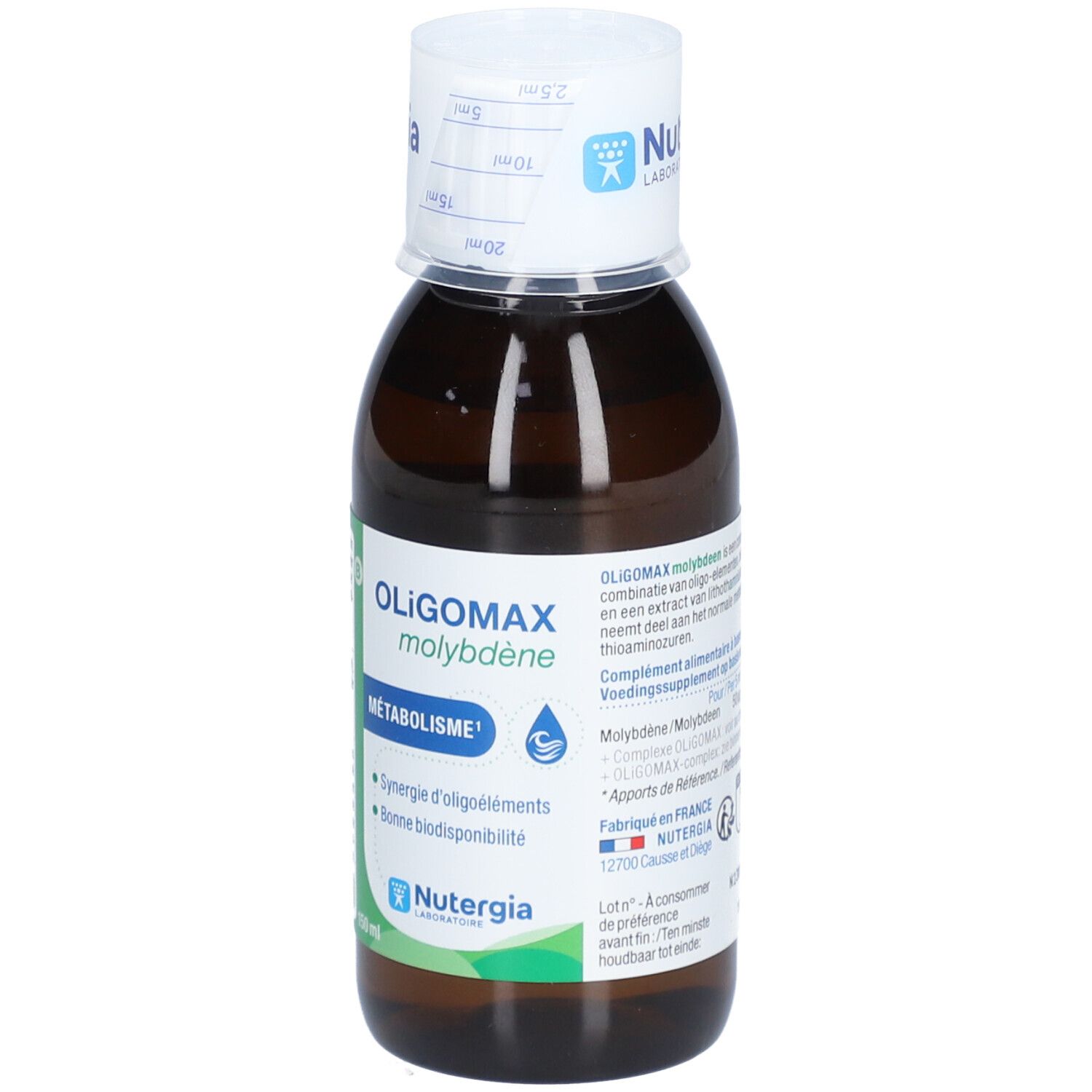 Flacone di vetro marrone con tappo bianco. Scritta: OLIGOMAX molybdène, METABOLISME, Nutergia. Scala di misurazione sul tappo.