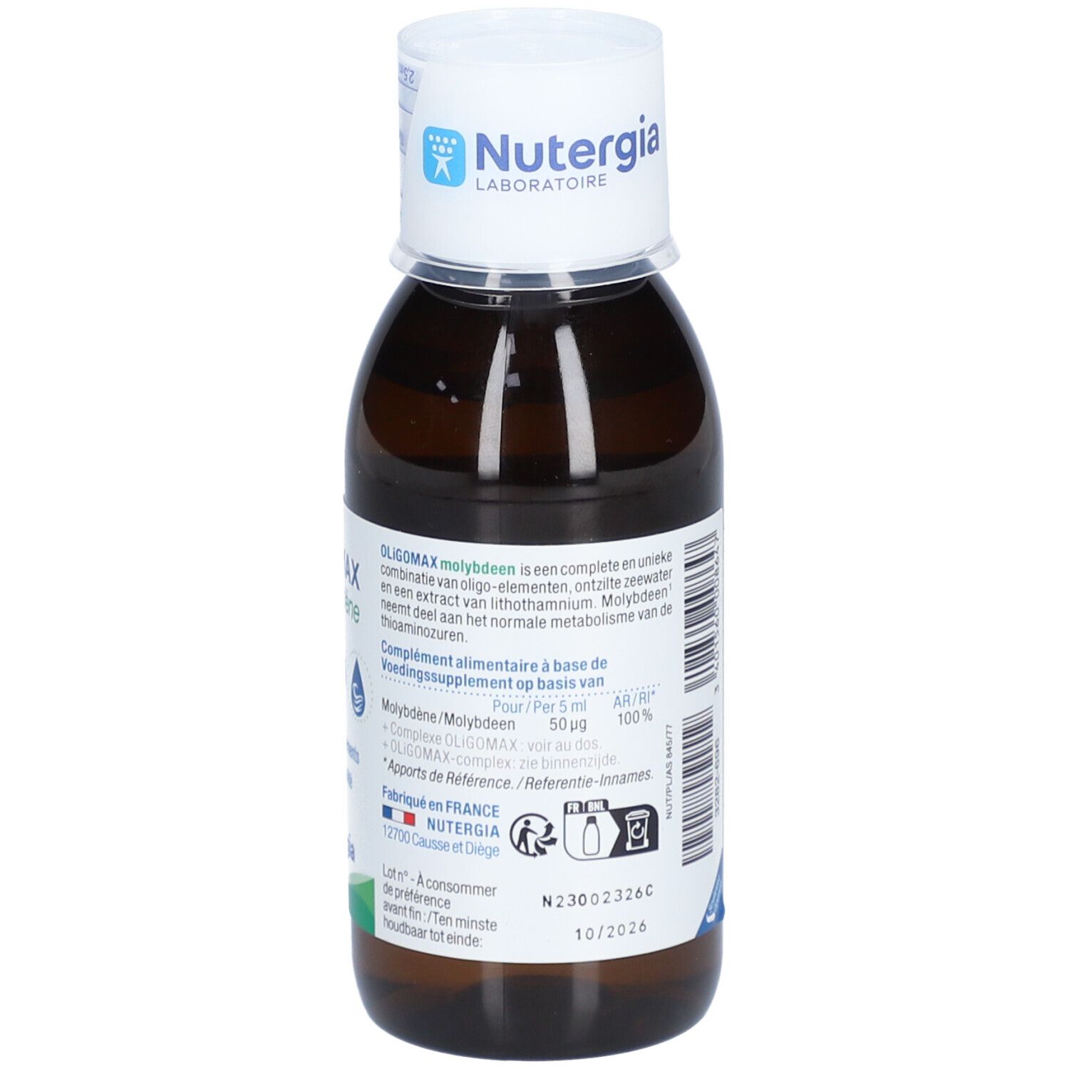Flacone di vetro marrone con tappo bianco. Scritta: OLIGOMAX molybdène, METABOLISME, Nutergia. Testo sugli ingredienti e l'uso.