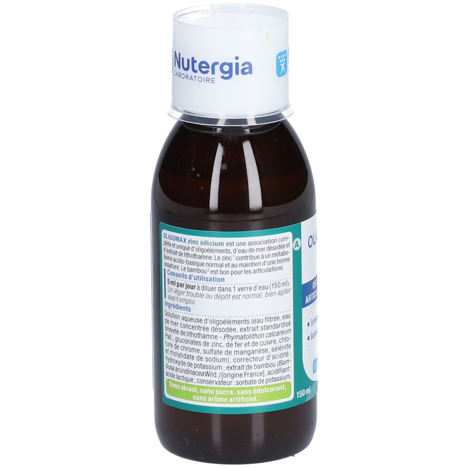 Flacone marrone con tappo bianco. Testo sull'etichetta: Oligomax zinco silicio. Marchio: Nutergia Laboratoire. Ingredienti e uso.