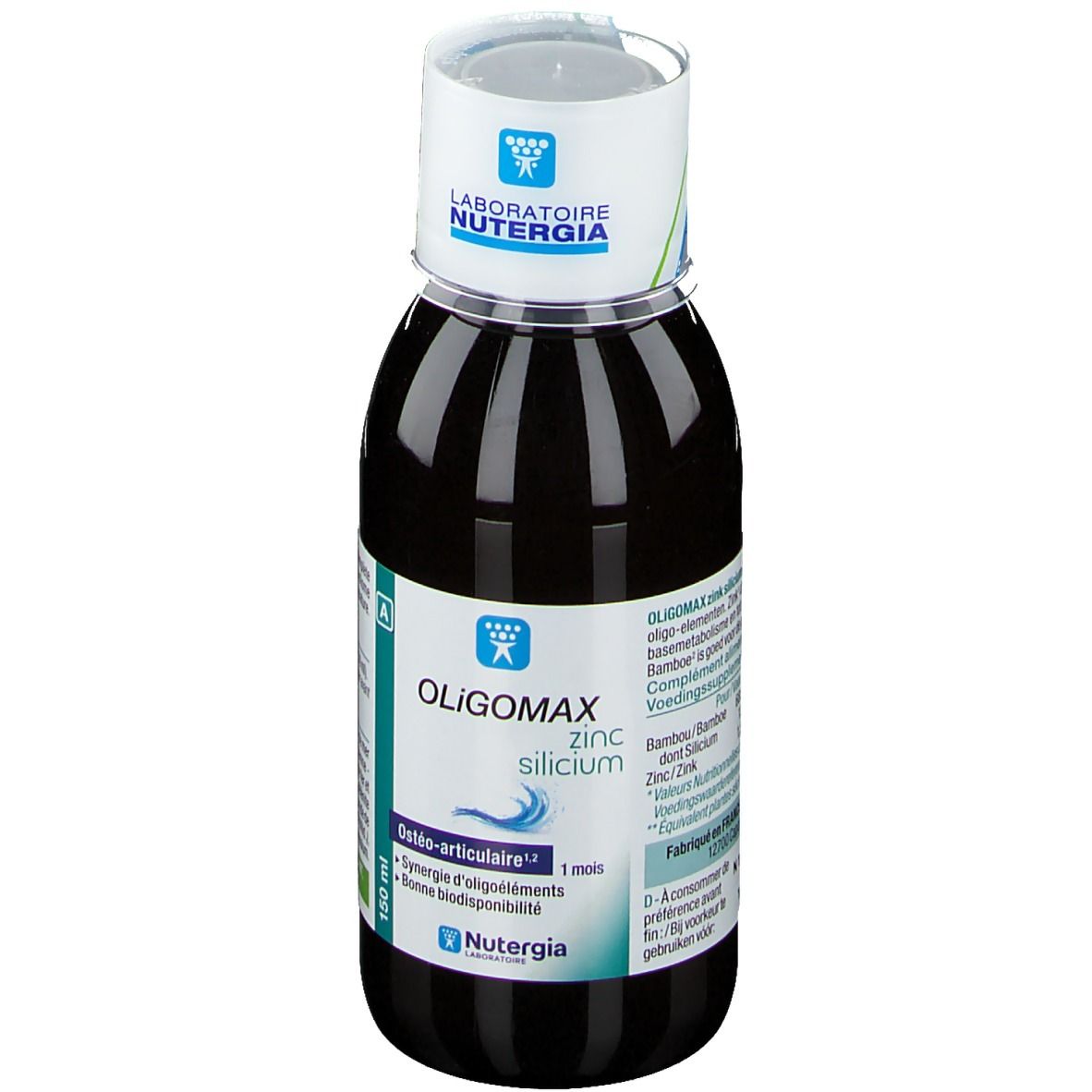 Flacone scuro con tappo bianco. Scritta: Oligomax zinco silicio, Osteo-Articolare. Marchio: Nutergia Laboratoire.