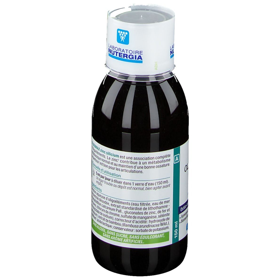 Flacone scuro con tappo bianco. Testo sull'etichetta: Oligomax zinco silicio. Marchio: Nutergia Laboratoire. Ingredienti e uso.