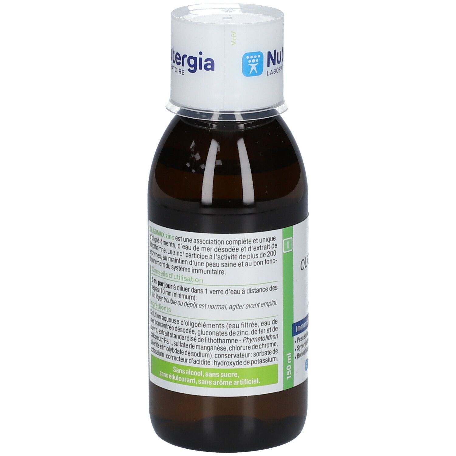 Flacone di vetro marrone con tappo bianco. Etichetta con Oligomax zinc. Marca: Nutergia. 150 ml.