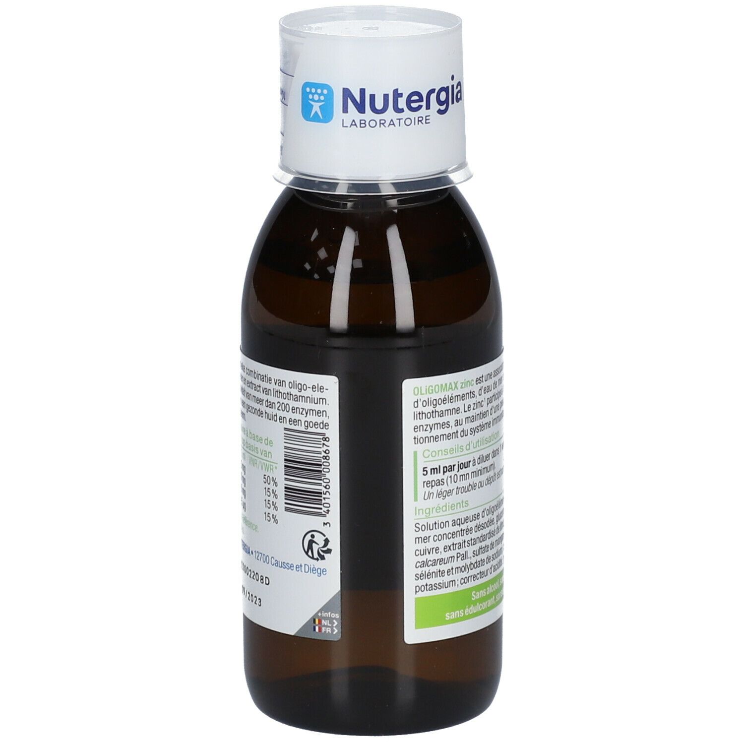 Flacone di vetro marrone con tappo bianco. Etichetta con Oligomax zinc. Marca: Nutergia. 150 ml.