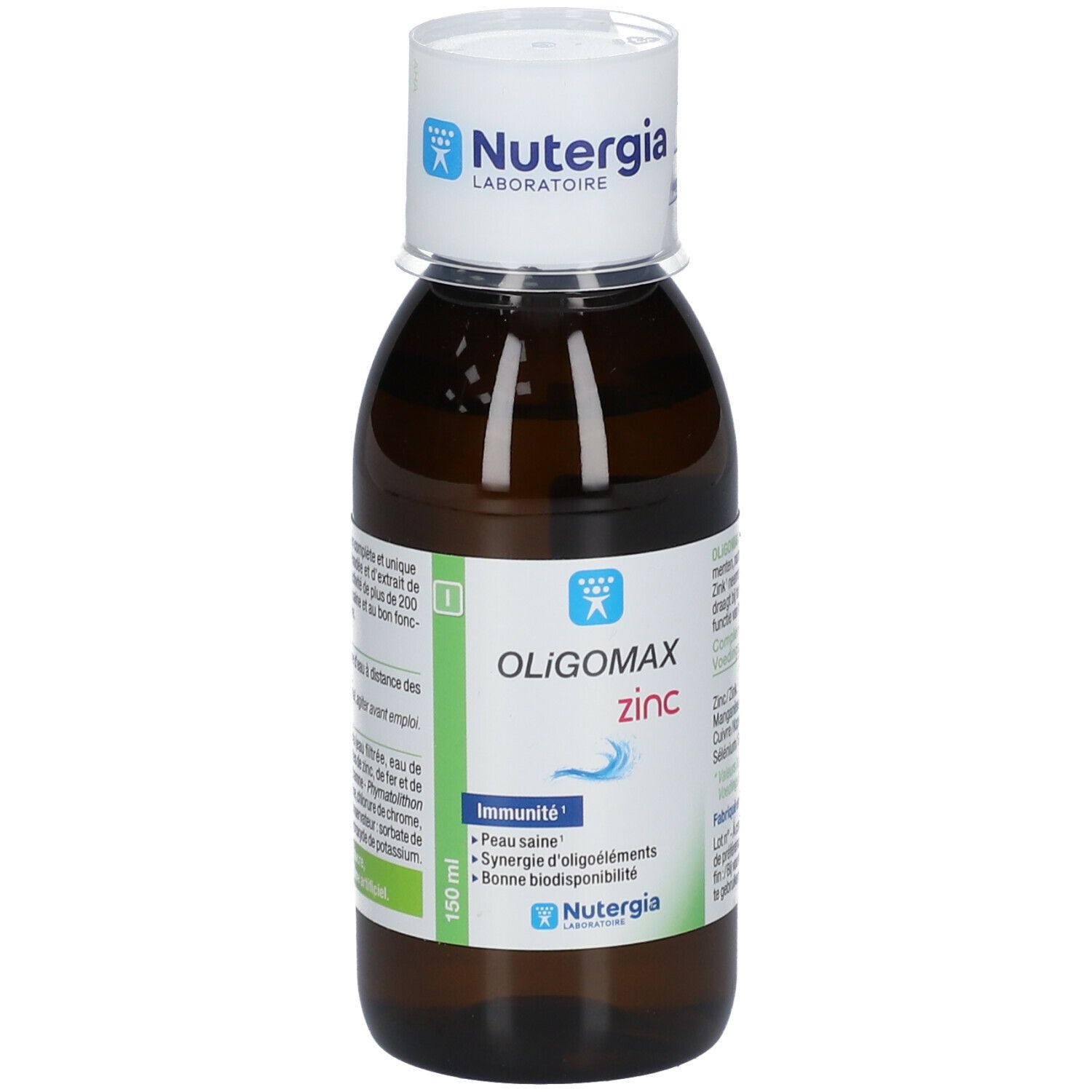 Flacone di vetro marrone con tappo bianco. Etichetta con Oligomax zinc. Marca: Nutergia. 150 ml.