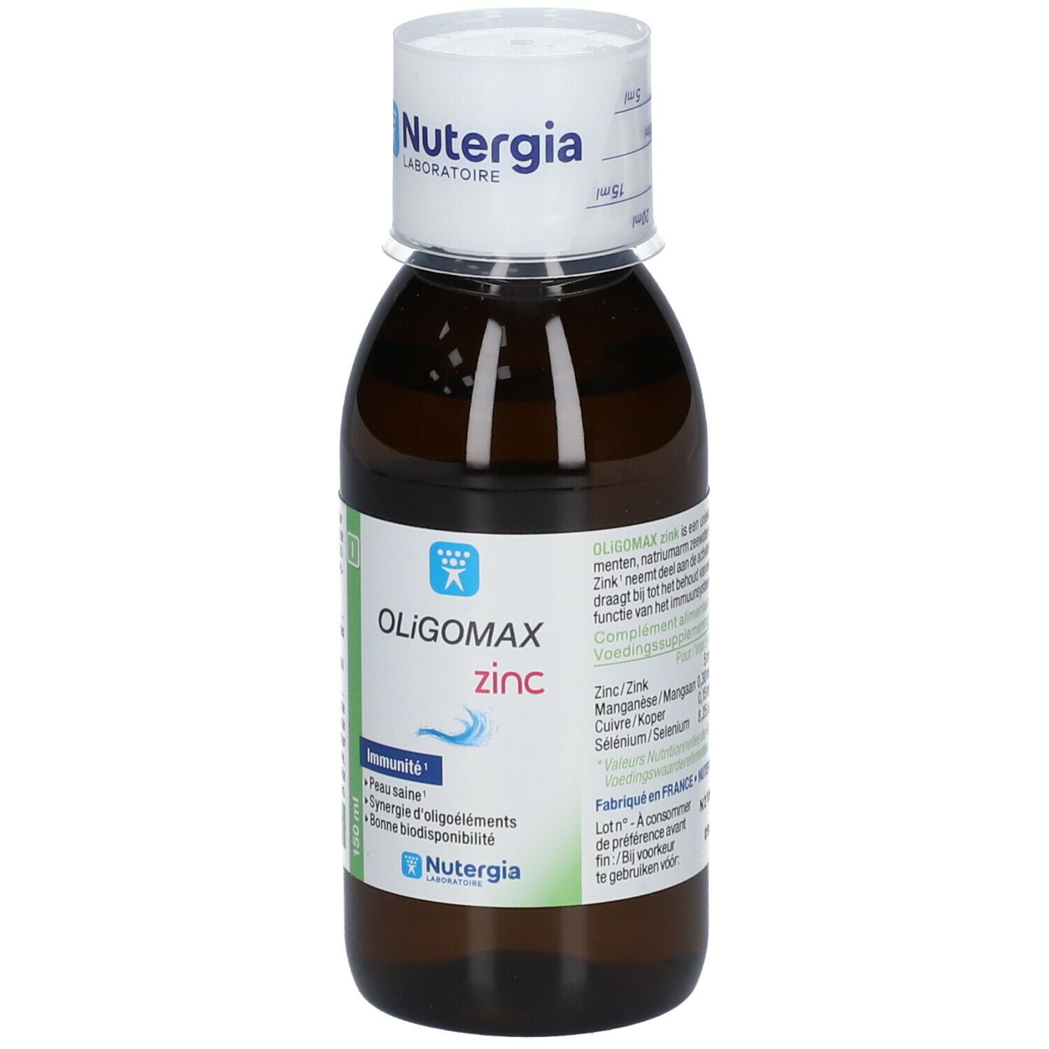 Flacone di vetro marrone con tappo bianco. Etichetta con Oligomax zinc. Marca: Nutergia. 150 ml.