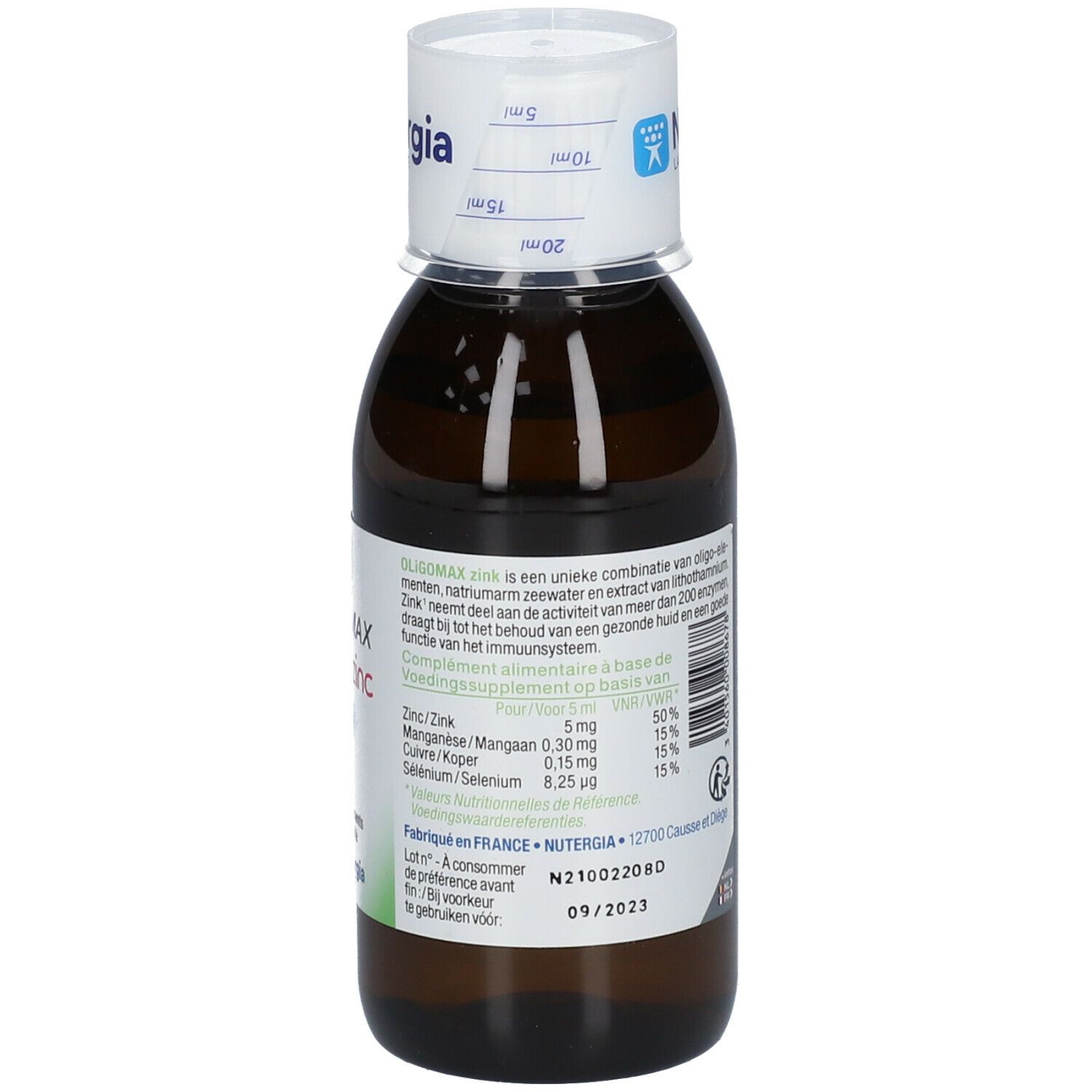 Flacone di vetro marrone con tappo bianco. Etichetta con Oligomax zinc. Marca: Nutergia. 150 ml.