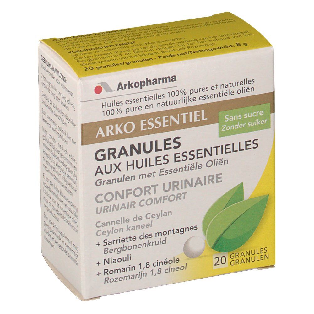 Confezione di Arko Essentiel Granulés Confort Urinaire. Contiene 20 granulés. Scritta 'Sans sucre'.