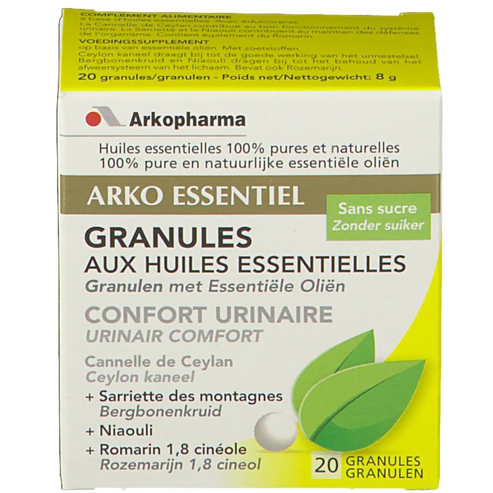 Confezione di Arko Essentiel Granulés Confort Urinaire. Contiene 20 granulés. Scritta 'Sans sucre'.