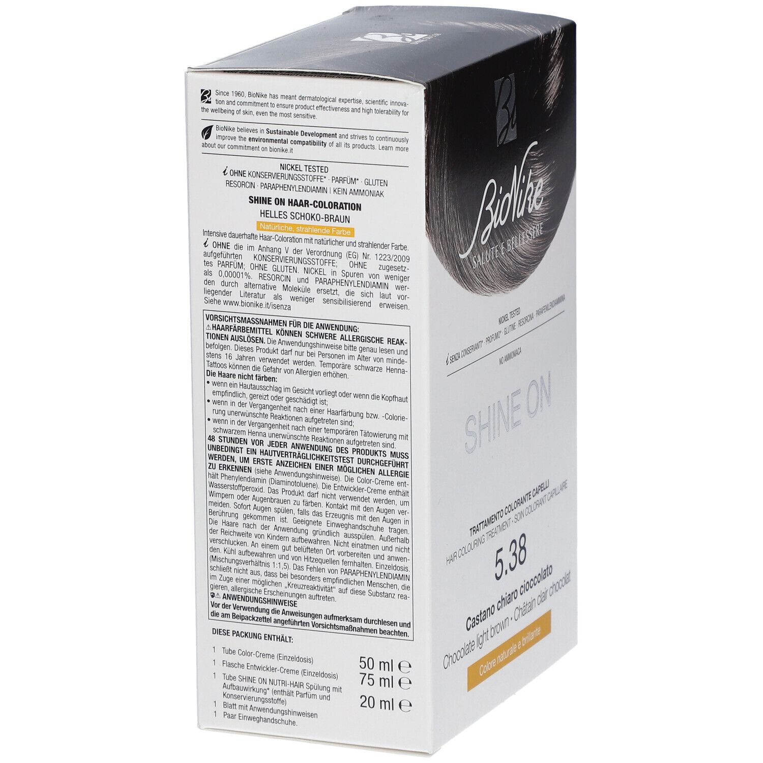 Scatola BioNike SHINE ON 5.38. Vista laterale con testo in diverse lingue. Nome del prodotto e tonalità.