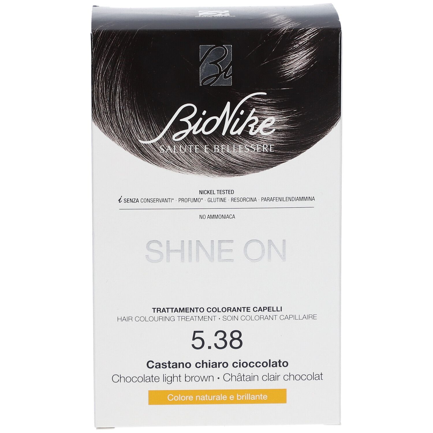Scatola BioNike SHINE ON 5.38. Colore castano chiaro cioccolato. Logo e scritte in bianco e nero.