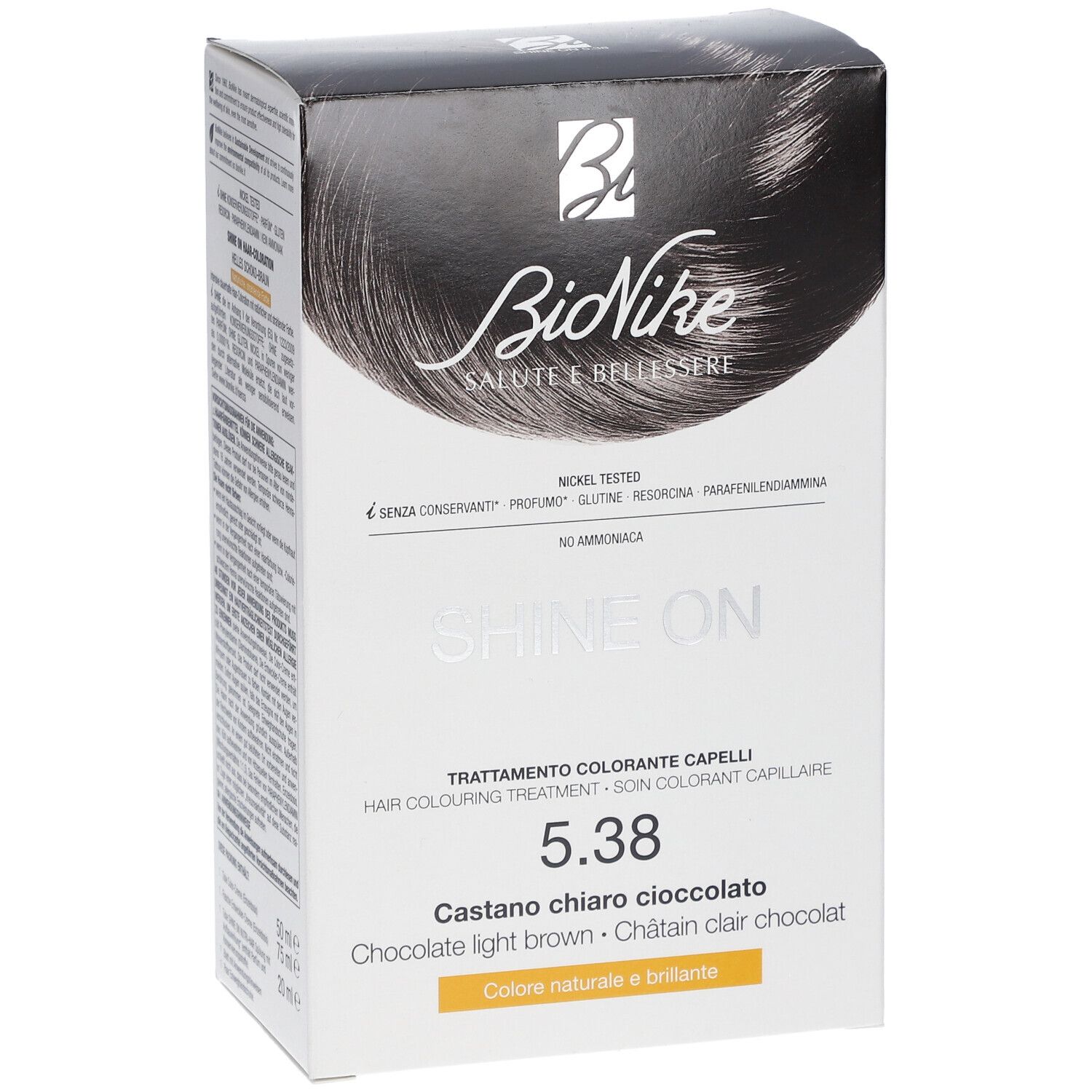 Scatola BioNike SHINE ON. Logo e scritte in bianco e nero. Colore castano chiaro cioccolato.
