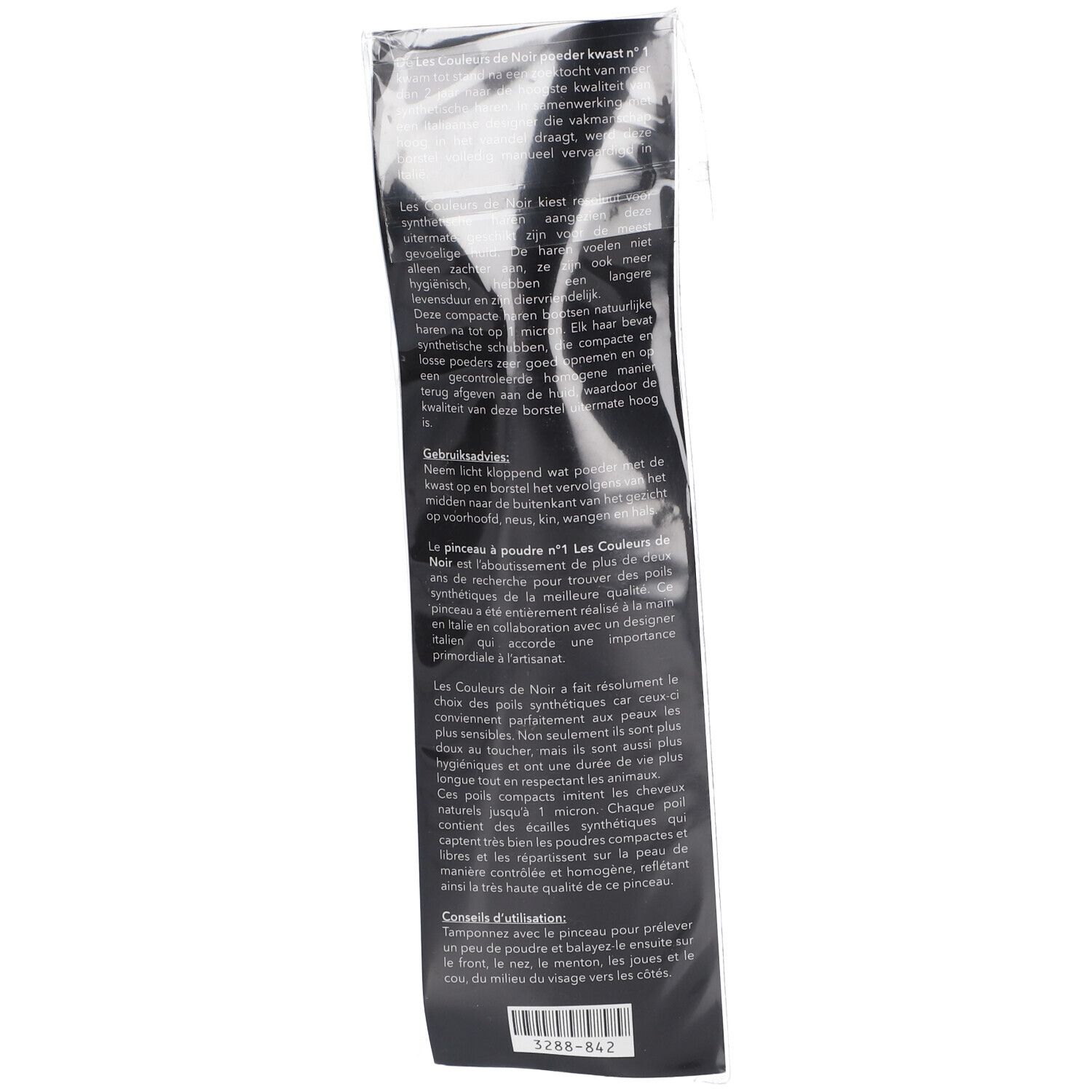 Retro della confezione del pennello per polveri. Testo: Les Couleurs de Noir, Pinceau Poudre N°1. Descrizione del prodotto e consigli per l'uso.