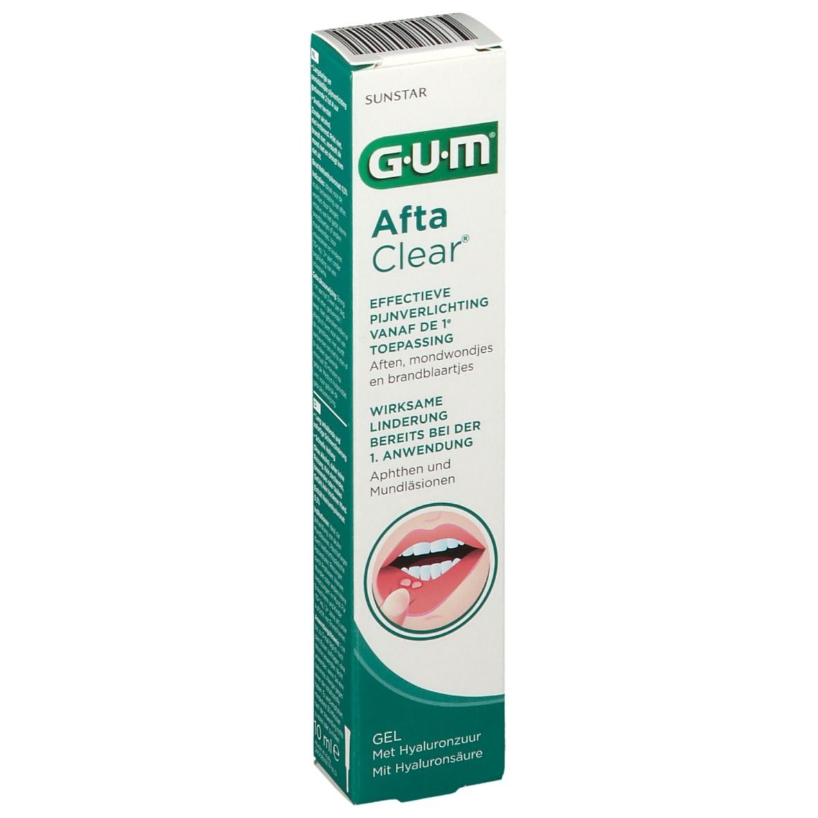 Confezione di gel G-U-M Aftaclear. Nome e logo del prodotto visibili. Contiene acido ialuronico. Immagine di bocca con afte.