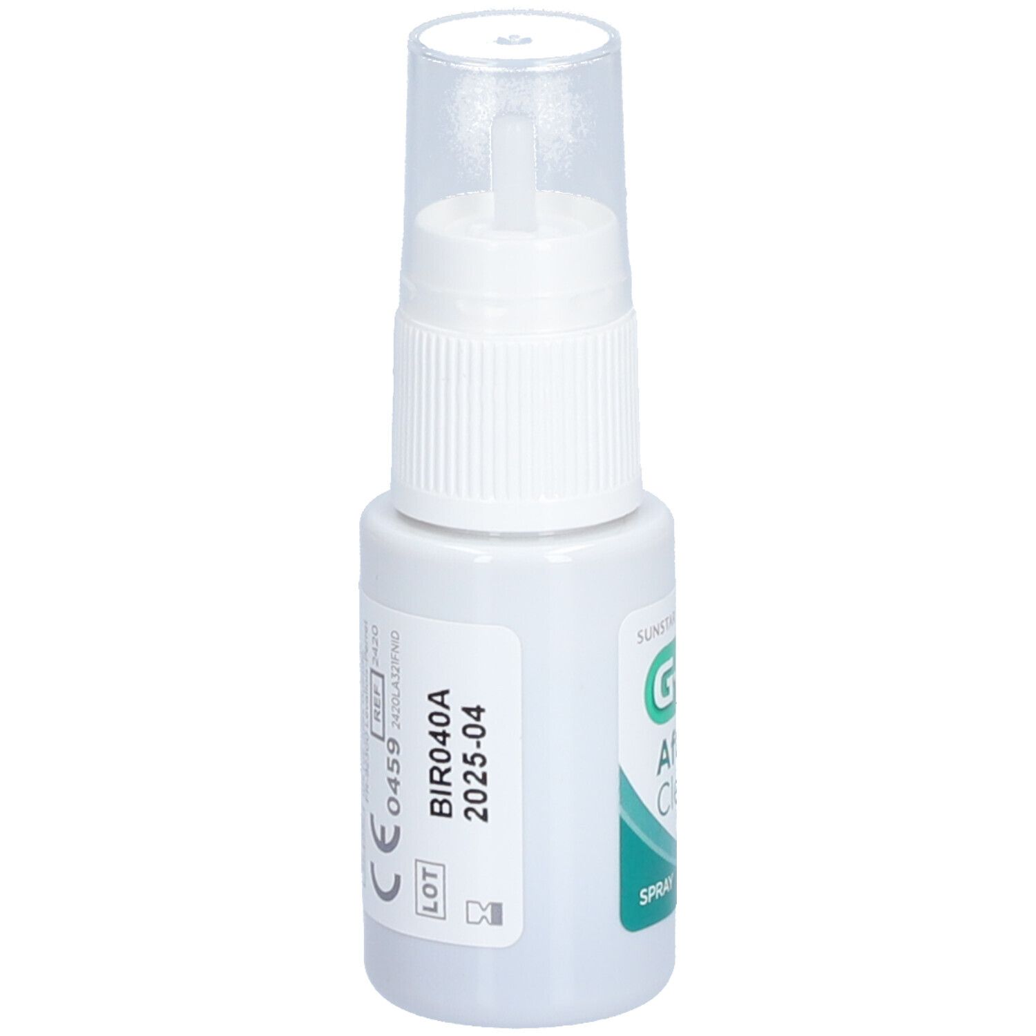 Spray G.U.M Afta Clear. Confezione bianca con nome e testo del prodotto. Codice a barre in alto.