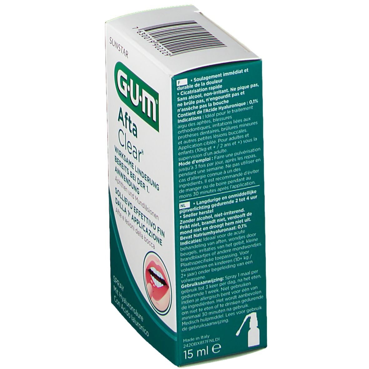 Spray G.U.M Afta Clear. Confezione bianca con nome e testo del prodotto. Codice a barre in alto.