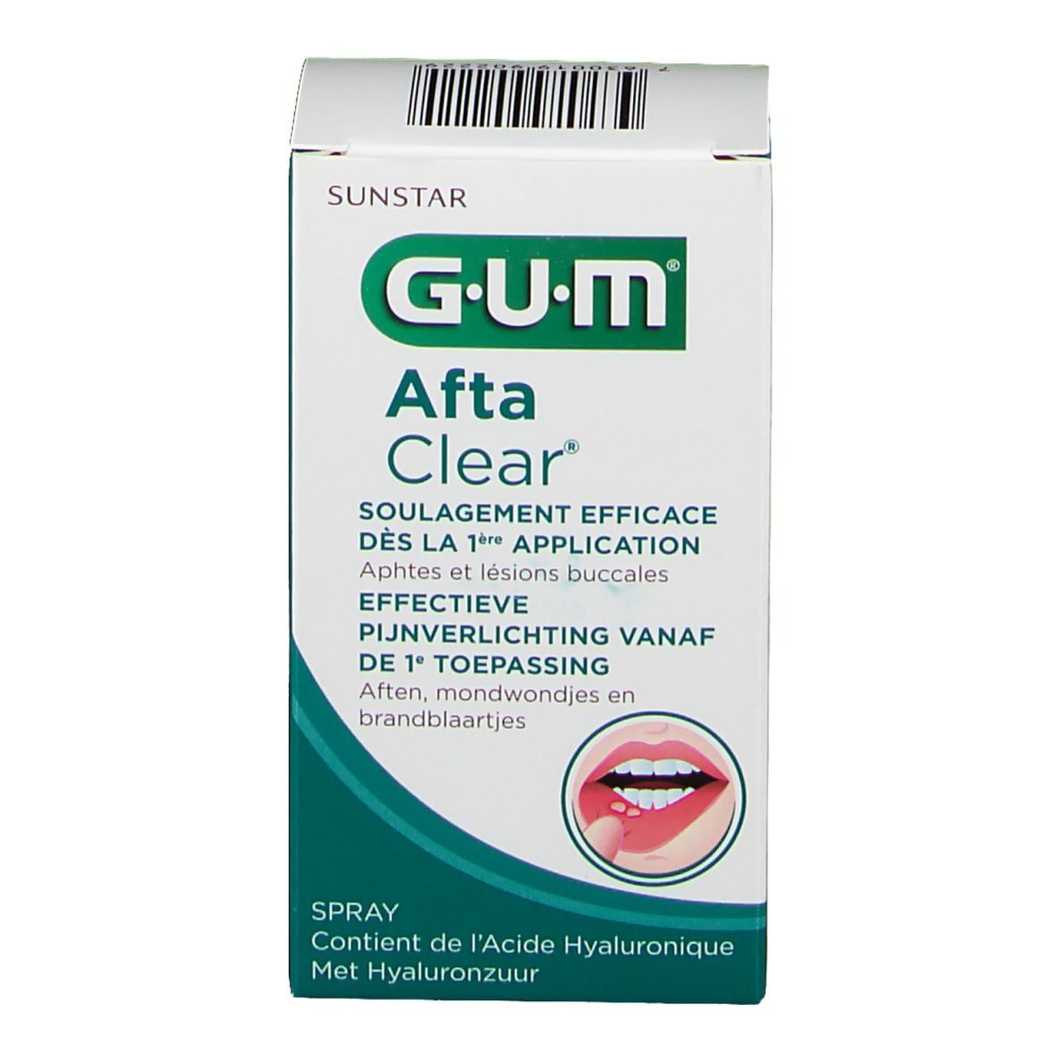 Spray G.U.M Afta Clear. Confezione bianca con nome e testo del prodotto. Codice a barre in alto.