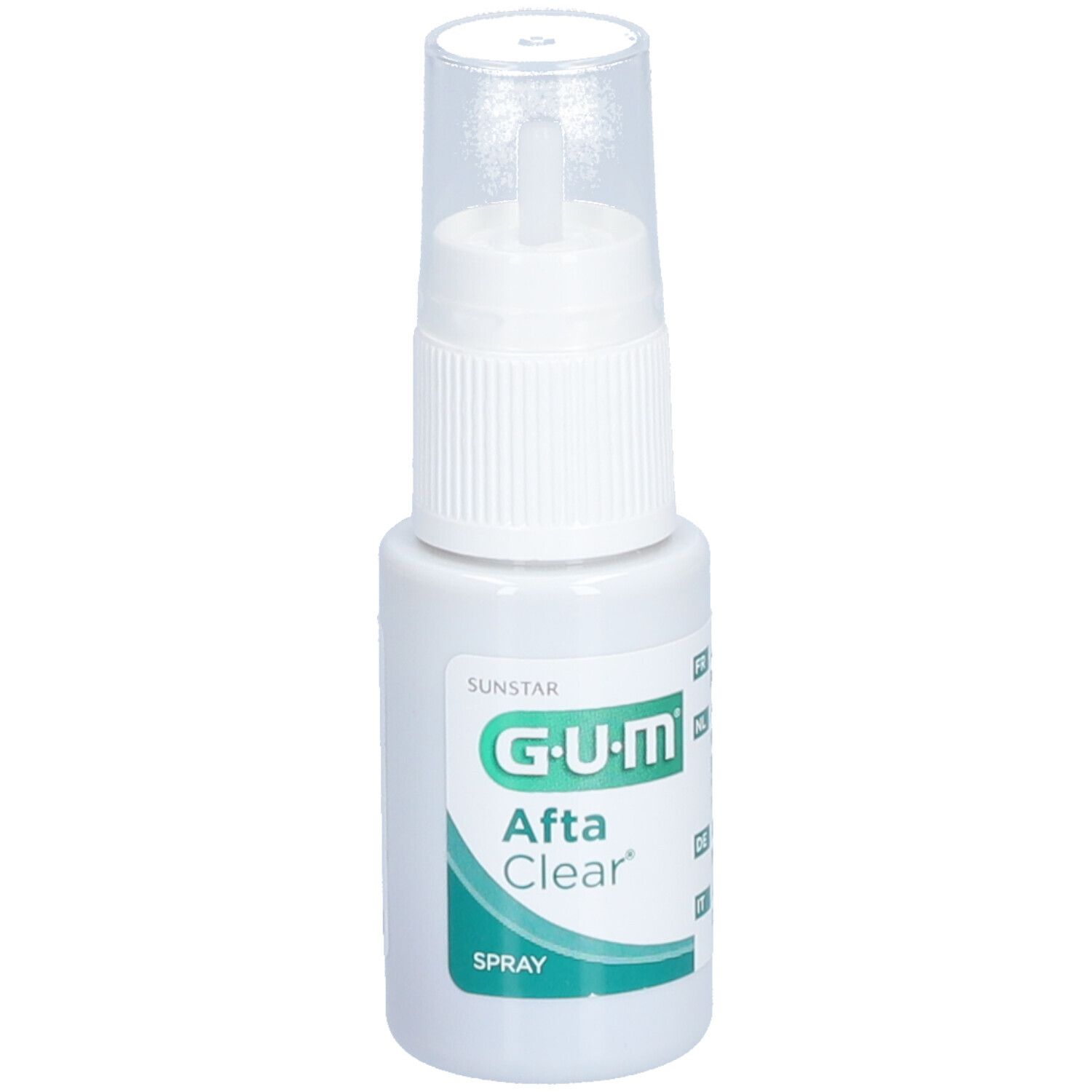 Spray G.U.M Afta Clear. Confezione bianca con nome e testo del prodotto. Codice a barre in alto.