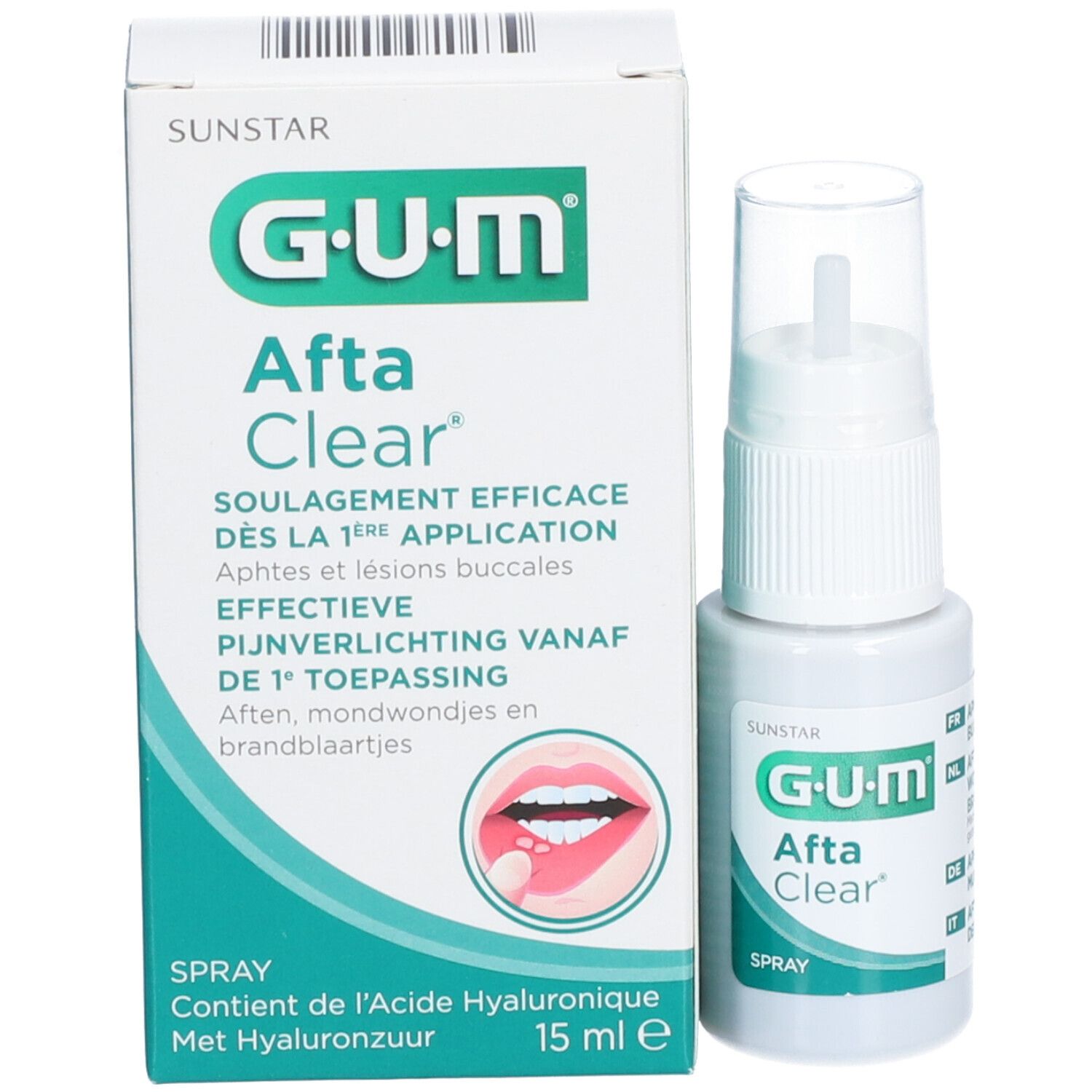 Spray G.U.M Afta Clear e confezione. Spray bianco con applicatore. Confezione con nome del prodotto.