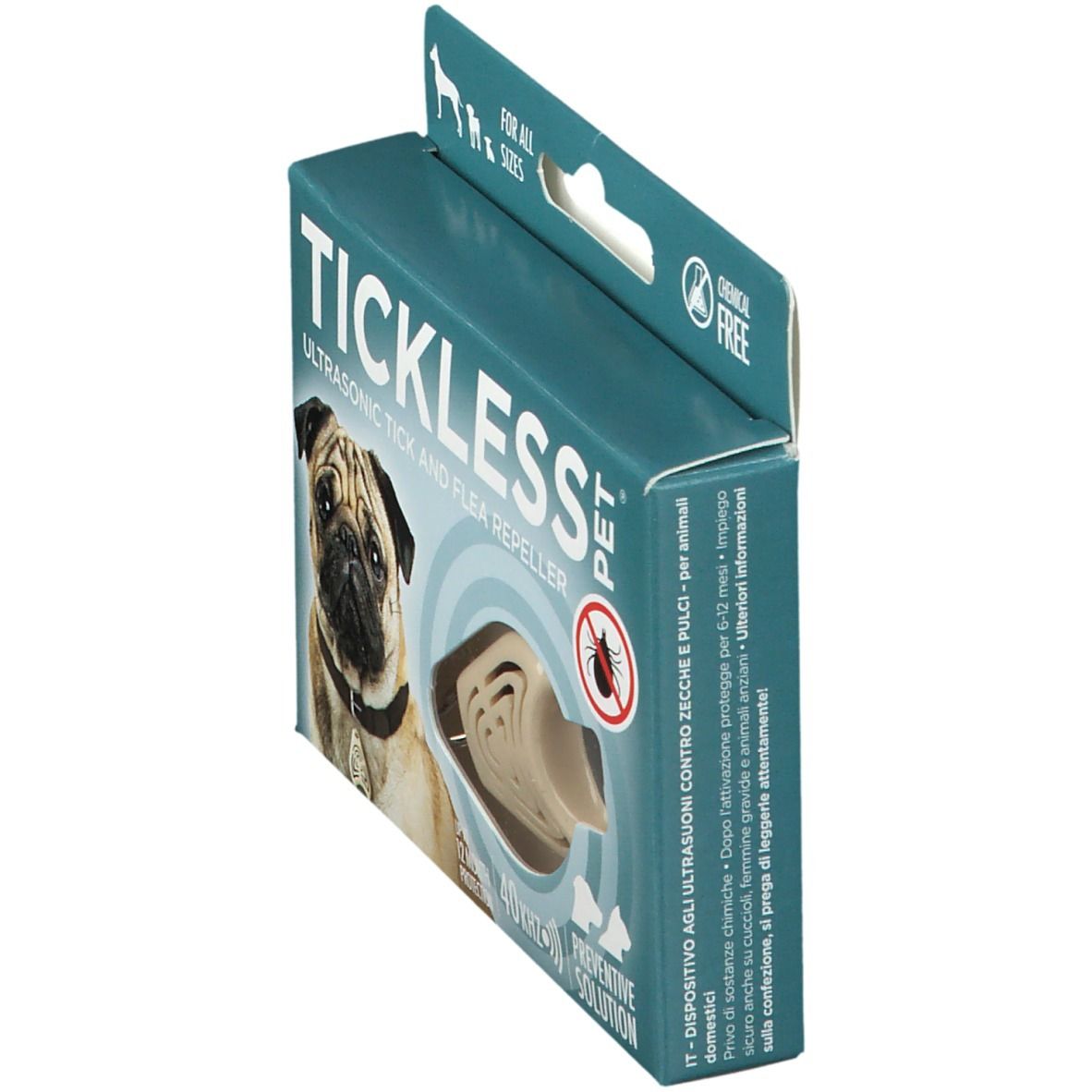 Confezione per dispositivo a ultrasuoni anti-zecche e pulci TICKLESS PET®, vista laterale.