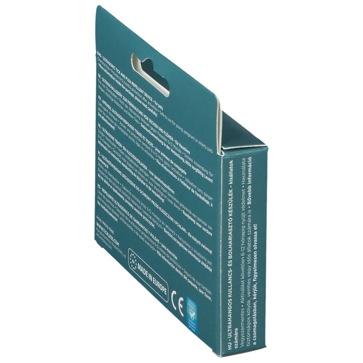Confezione per dispositivo a ultrasuoni anti-zecche e pulci TICKLESS PET®, vista posteriore.