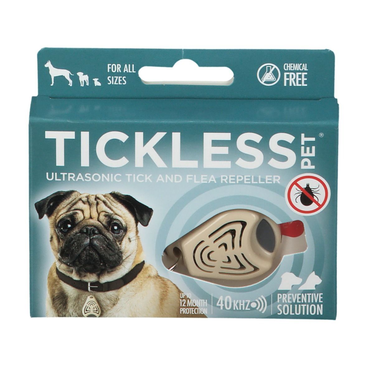Confezione per dispositivo a ultrasuoni anti-zecche e pulci TICKLESS PET® con motivo cane.