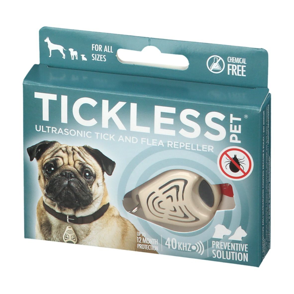 Confezione e dispositivo a ultrasuoni anti-zecche e pulci TICKLESS PET®.