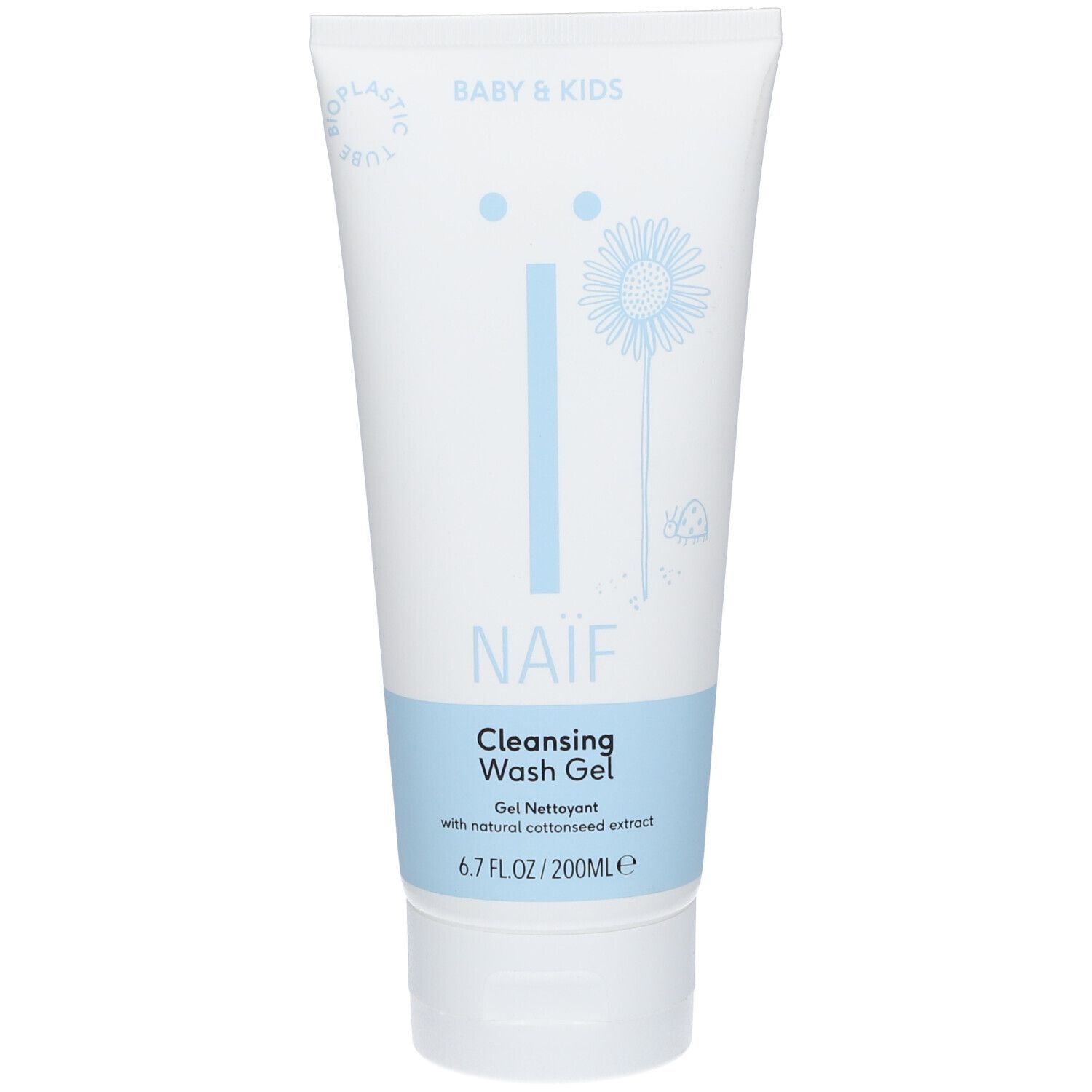Tubo bianco e blu con logo NAÏF e scritta "Cleansing Wash Gel". Contiene 200ml.