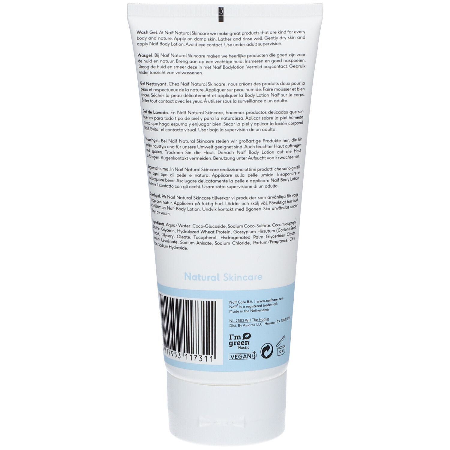 Retro di un tubo bianco con testo multilingue. Contiene ingredienti e informazioni.