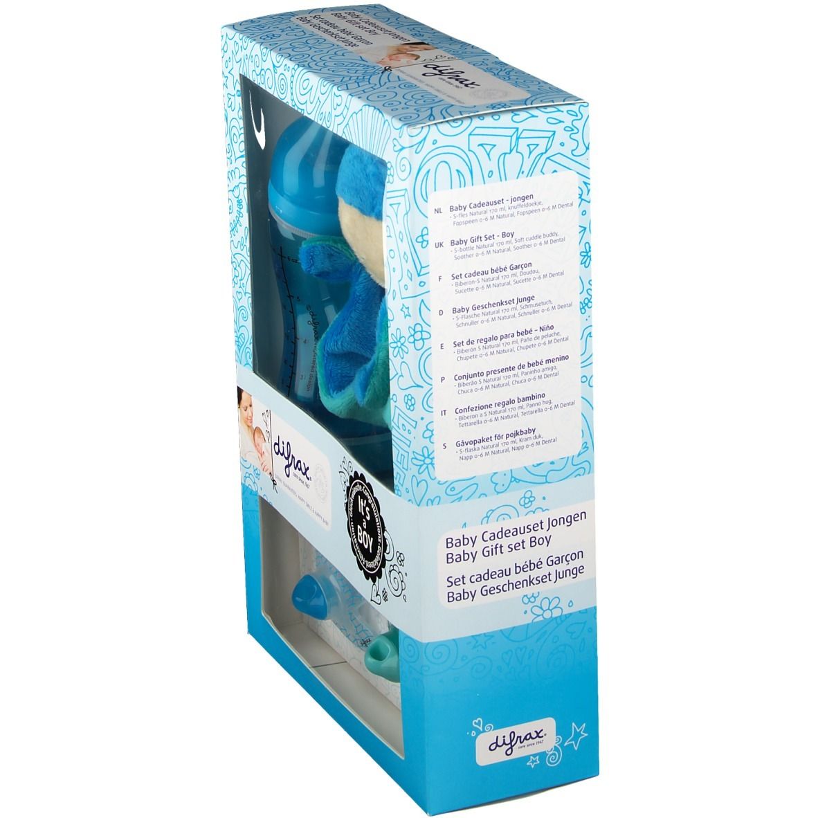 Confezione regalo, vista laterale. Contiene biberon, peluche e ciucci. Marchio: Difrax. Testo: Baby Cadeauset Jongen.