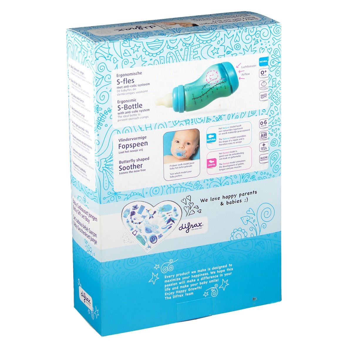 Retro della confezione regalo. Mostra biberon, ciuccio e informazioni. Marchio: Difrax. Testo: Ergonomische S-Fles.