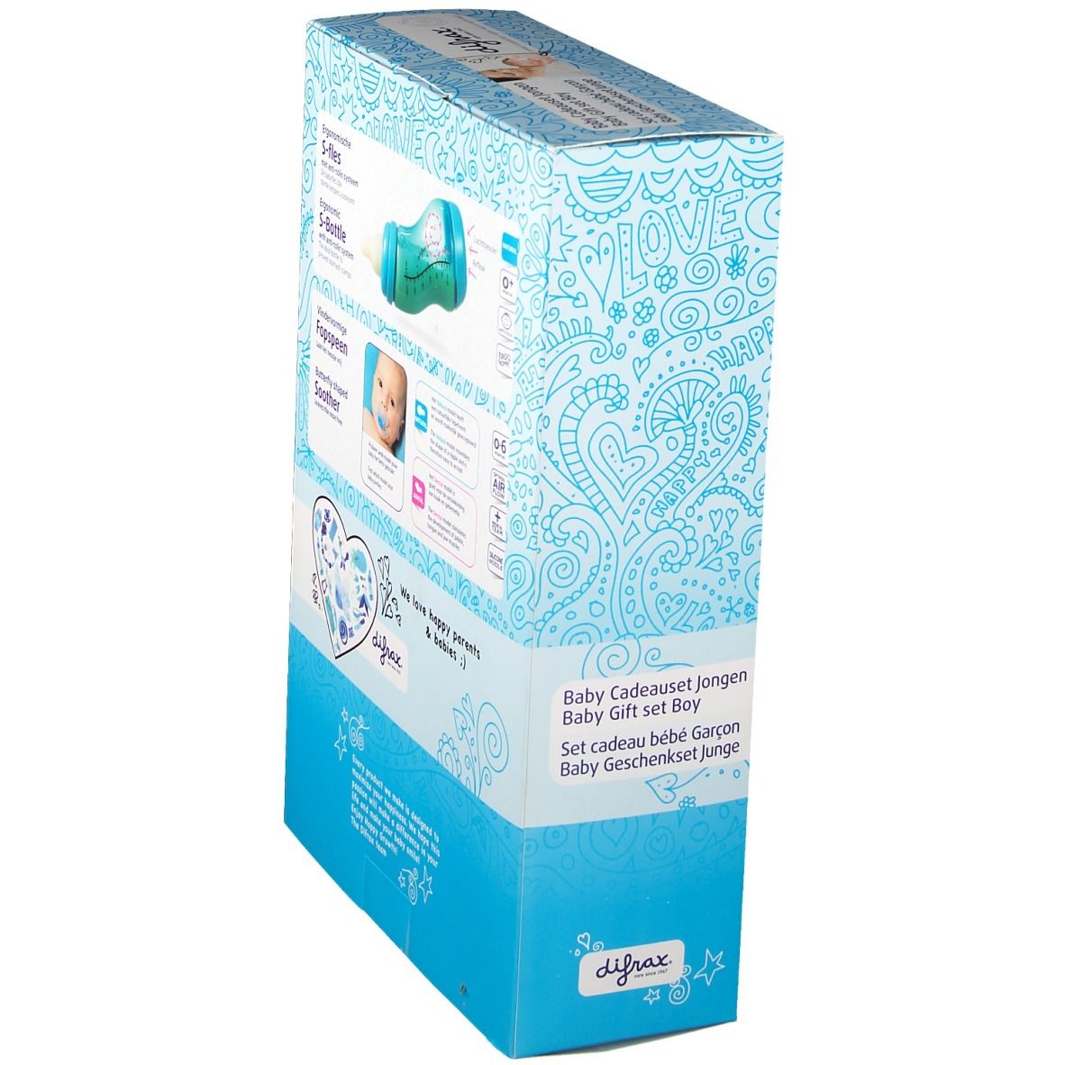 Confezione regalo, vista posteriore obliqua. Mostra biberon, ciuccio e informazioni. Marchio: Difrax. Testo: Baby Cadeauset Jongen.
