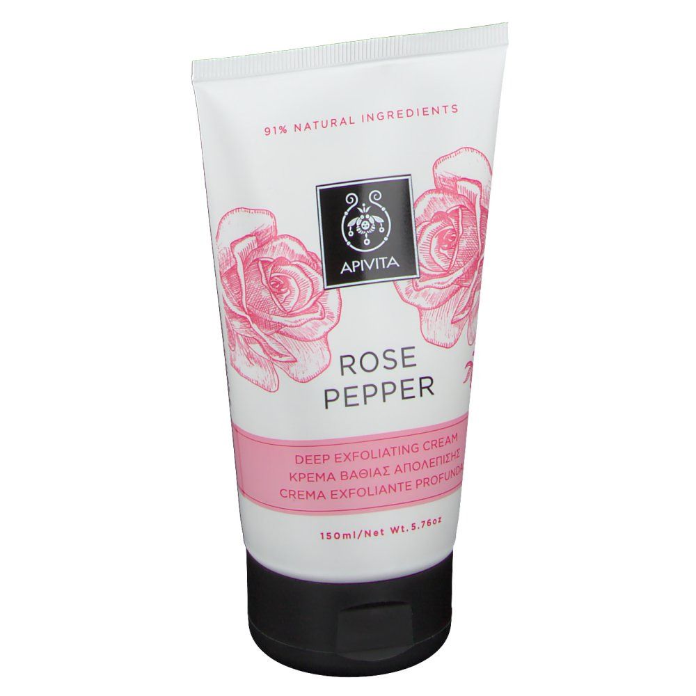 Tubo bianco con tappo nero. Scritta: Apivita, Rose Pepper. 91% ingredienti naturali.