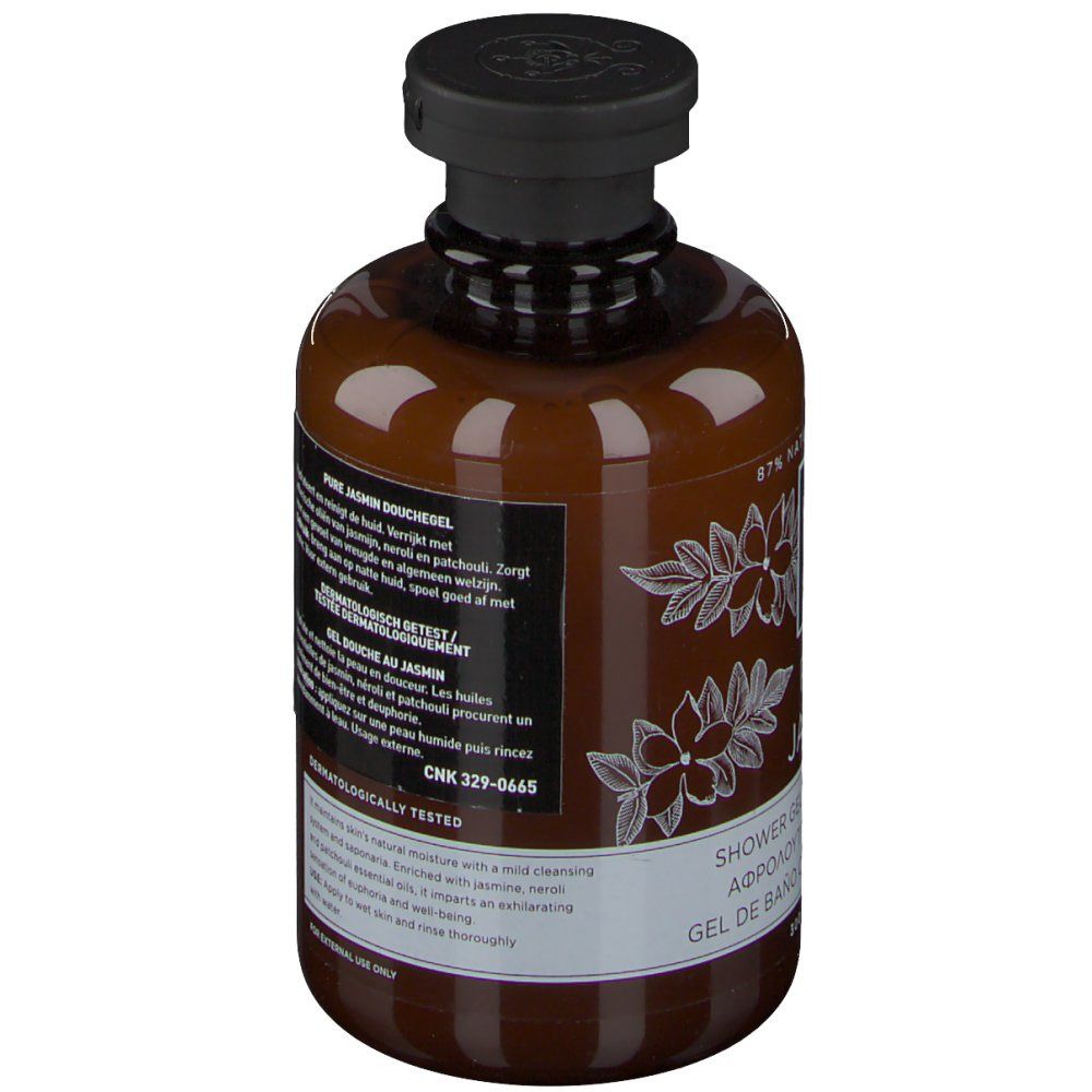 Flacone marrone con tappo nero. Etichetta con testo e motivo floreale. Dermatologicamente testato.