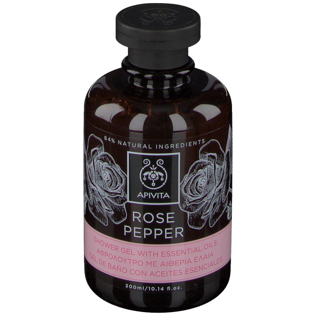 Flacone marrone con tappo nero. Scritta: Apivita Rose Pepper. 84% ingredienti naturali. Illustrazione di rosa.