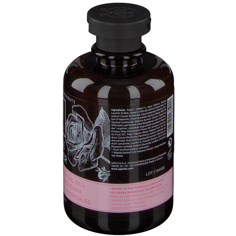 Retro di un flacone marrone con tappo nero. Testo: ingredienti, logo Apivita, numero di lotto, origine.