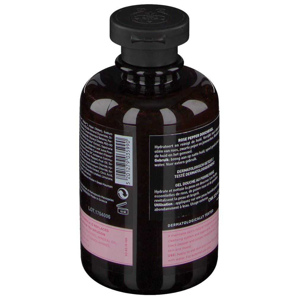 Retro di un flacone marrone con tappo nero. Testo: Gel doccia Rose Pepper, dermatologicamente testato.