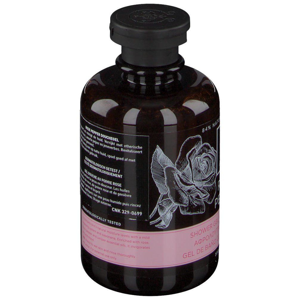 Retro di un flacone marrone con tappo nero. Testo: Gel doccia Rose Pepper, dermatologicamente testato.