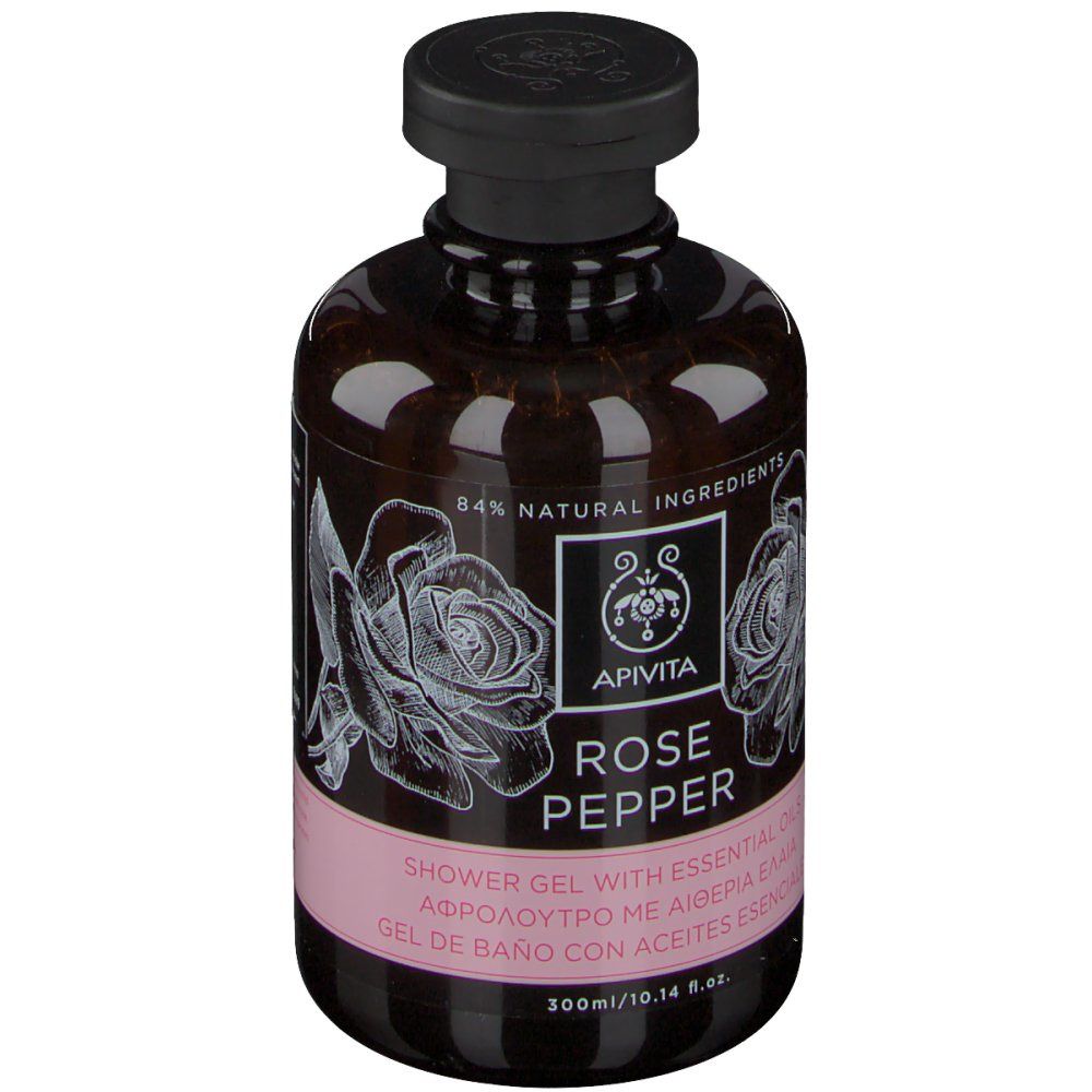 Flacone marrone con tappo nero. Scritta: Apivita Rose Pepper. 84% ingredienti naturali. Illustrazione di rosa.