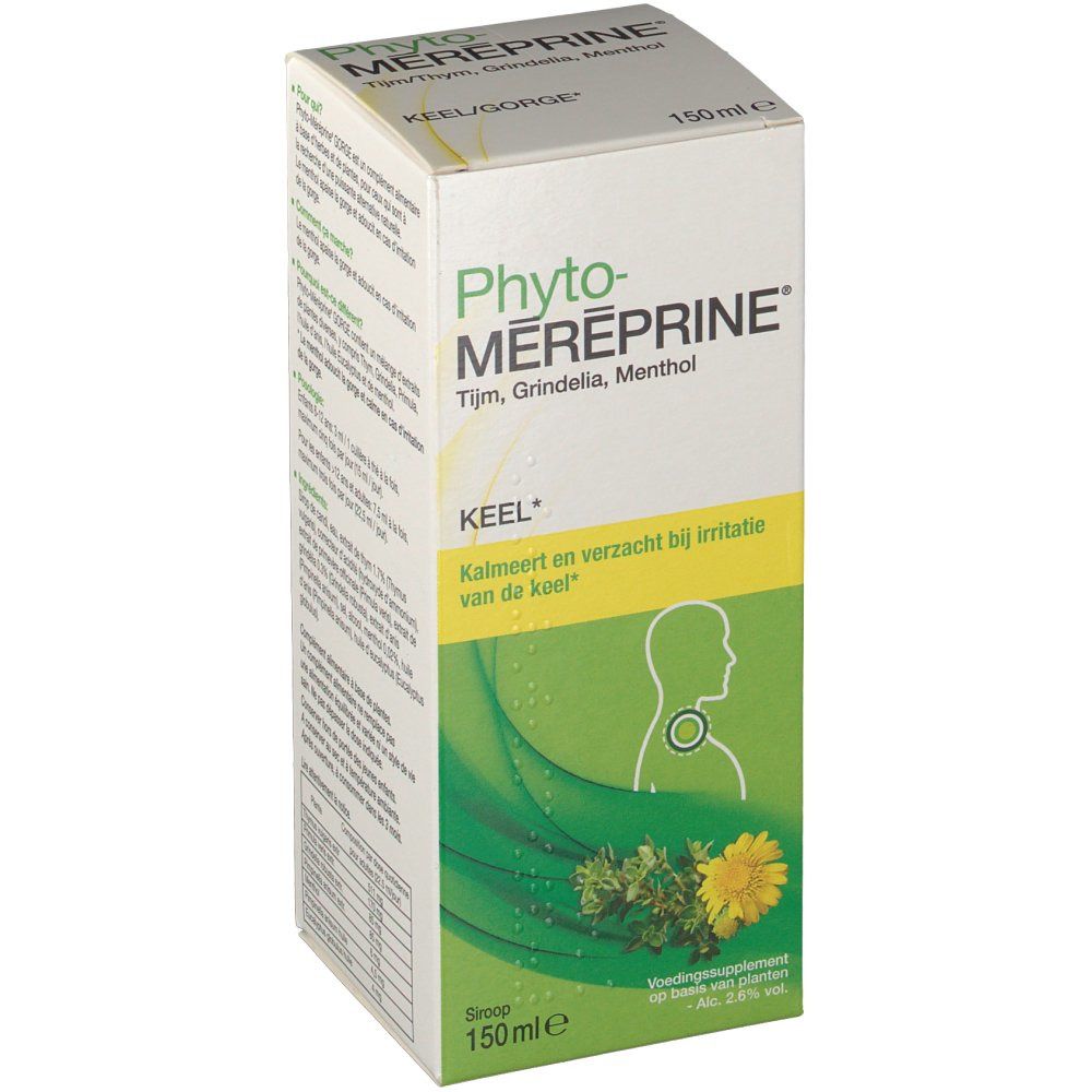Confezione di Phyto-Méreprine. Scritta: Timo, Grindelia, Mentolo. Illustrazione della gola.