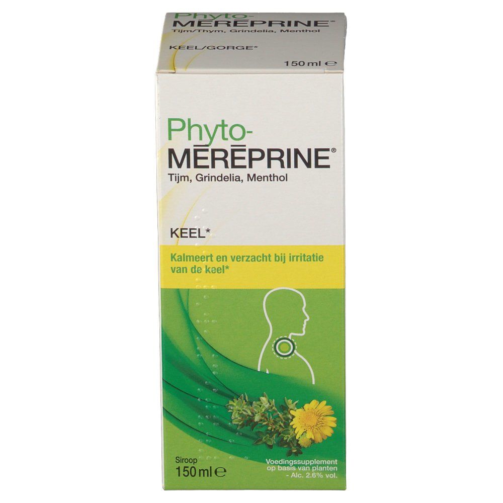 Confezione di Phyto-Méreprine. Scritta: Timo, Grindelia, Mentolo. Illustrazione della gola.