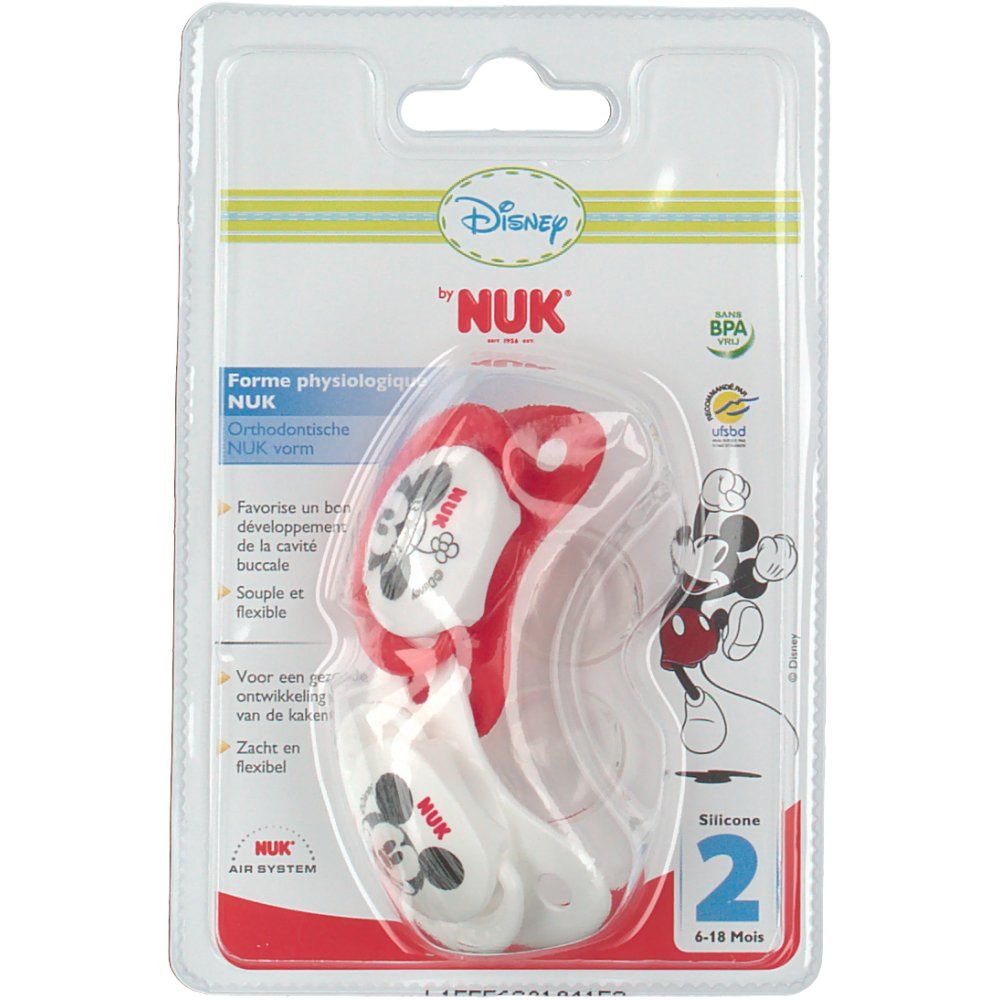 Succhietto NUK in confezione. Rosso e bianco, motivo Mickey Mouse. Senza BPA. Per 6-18 mesi.