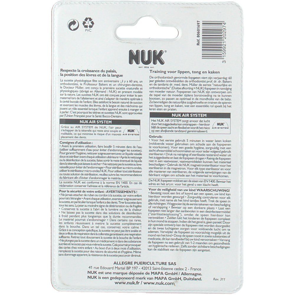 Retro della confezione del succhietto NUK. Testo multilingue. Informazioni sull'uso e la sicurezza.