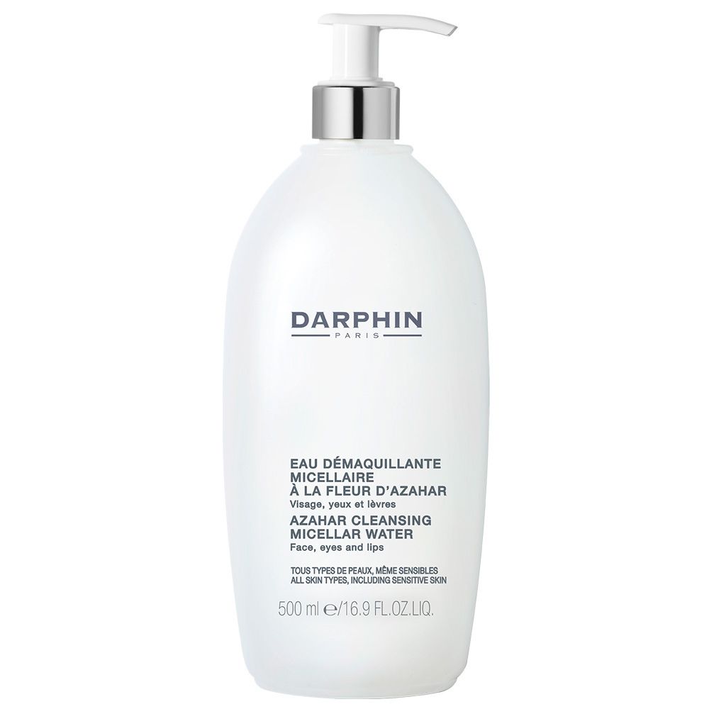 Dispenser bianco con pompa. Logo Darphin e nome del prodotto. Testo: Acqua micellare Azahar. Per tutti i tipi di pelle.