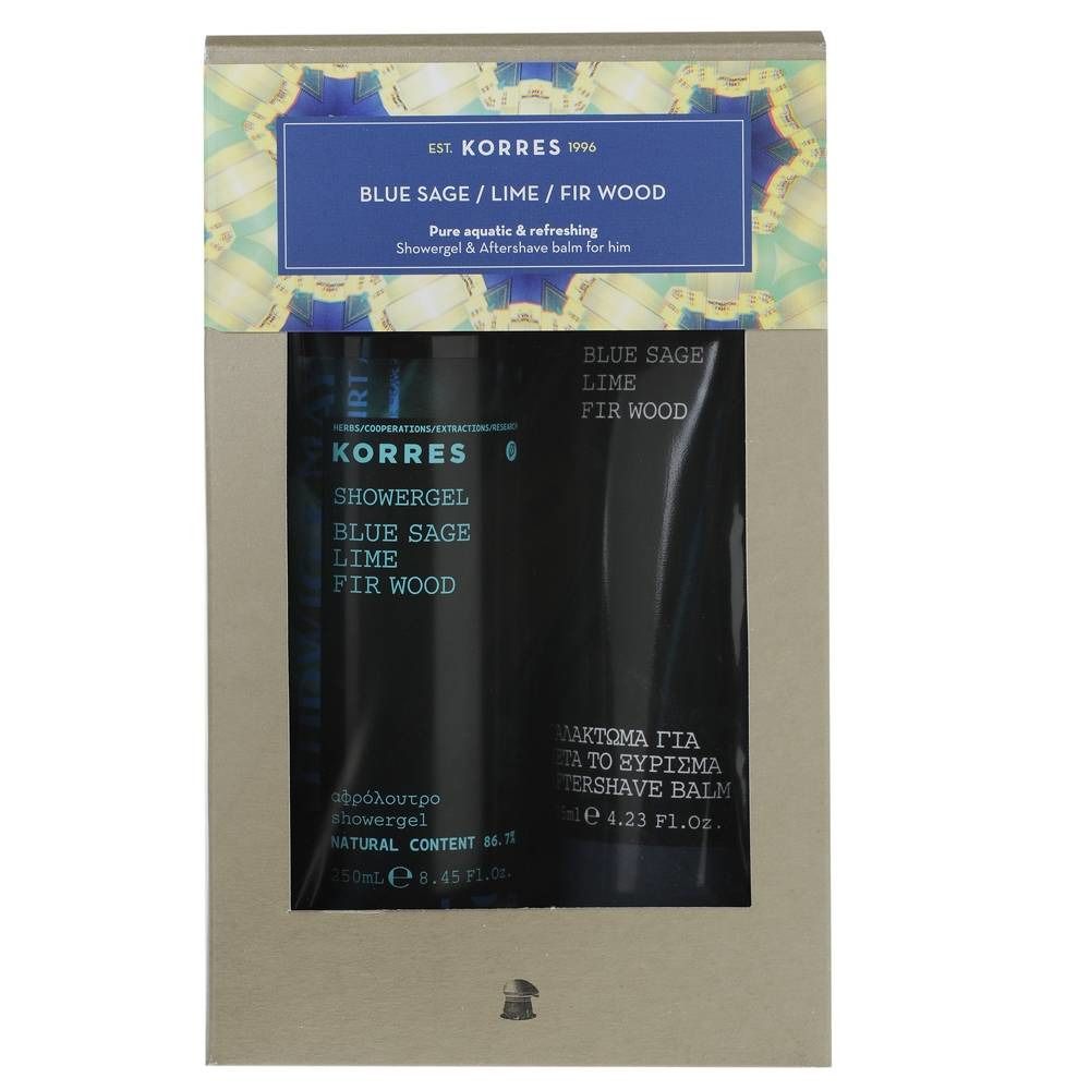 Confezione regalo con due prodotti. Tubi neri con testo bianco. Scritta: KORRES, Showergel, Aftershave Balm. Scritta blu: Blue Sage, Lime, Fir Wood.